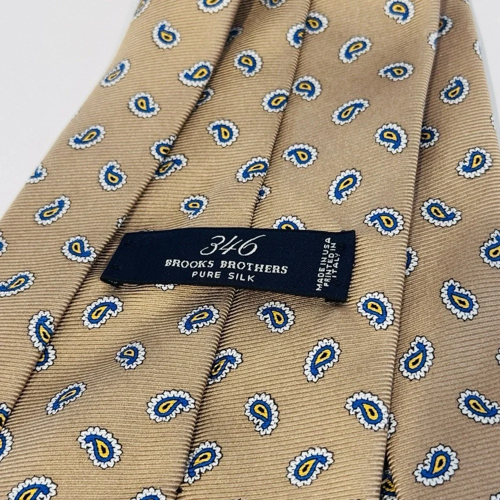 Brooks Brothers 346 Pure Silk‎ Tie Made in USA Gold w Blue White Micro Paisley